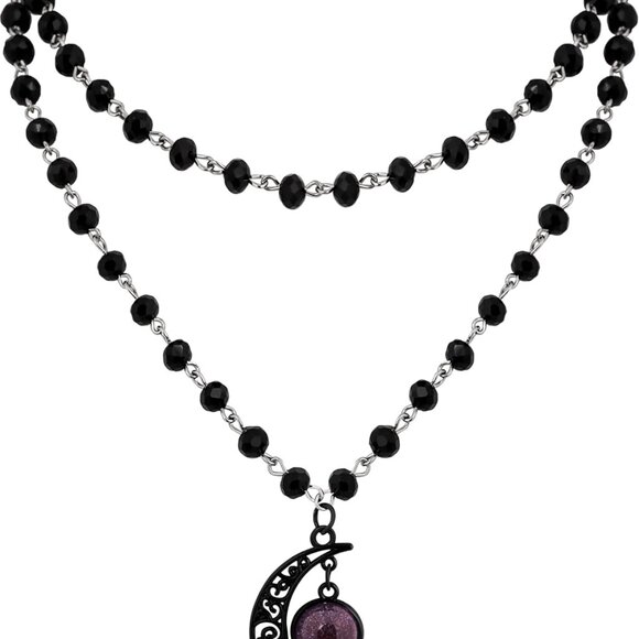 Gothic Layered Black Crescent Moon Choker Necklace Bead Gift for Women - Picture 1 of 7